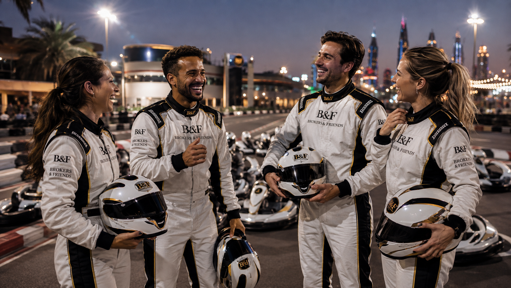 B&F drivers in white racing suits laughing together on the track