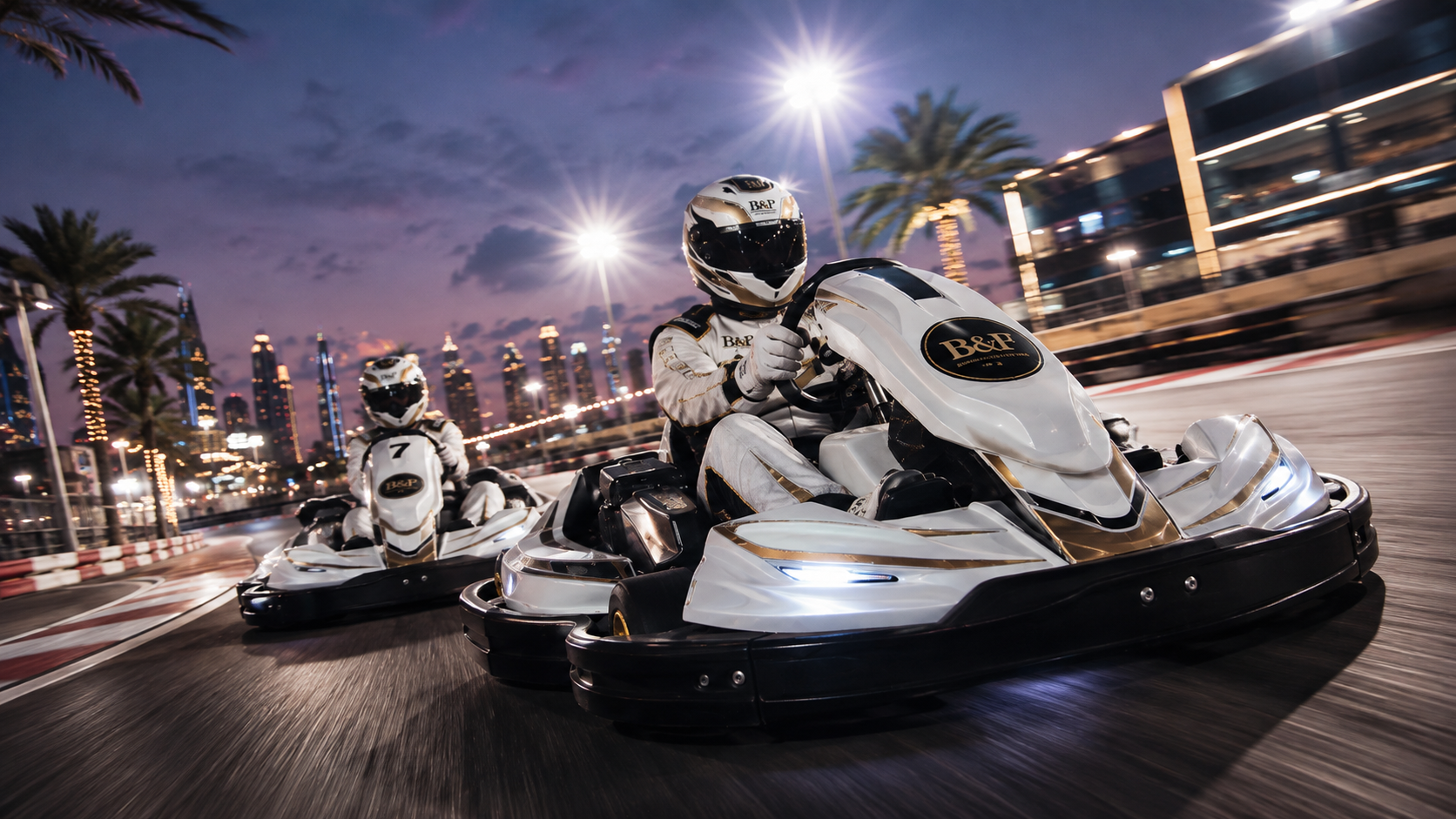 A B&F kart leading the pack out of a corner at speed